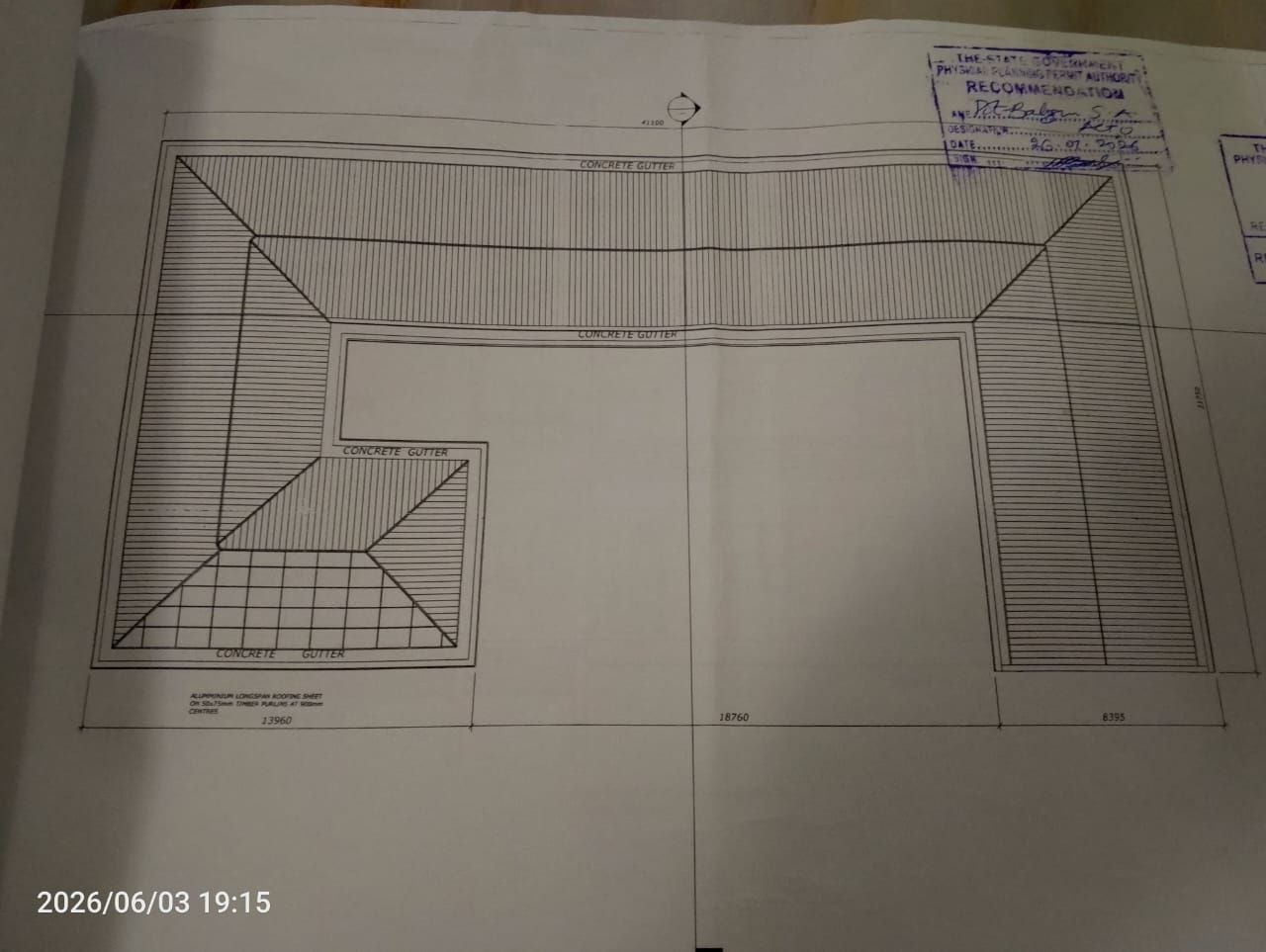 Roof plan — longspan sheets and concrete gutters